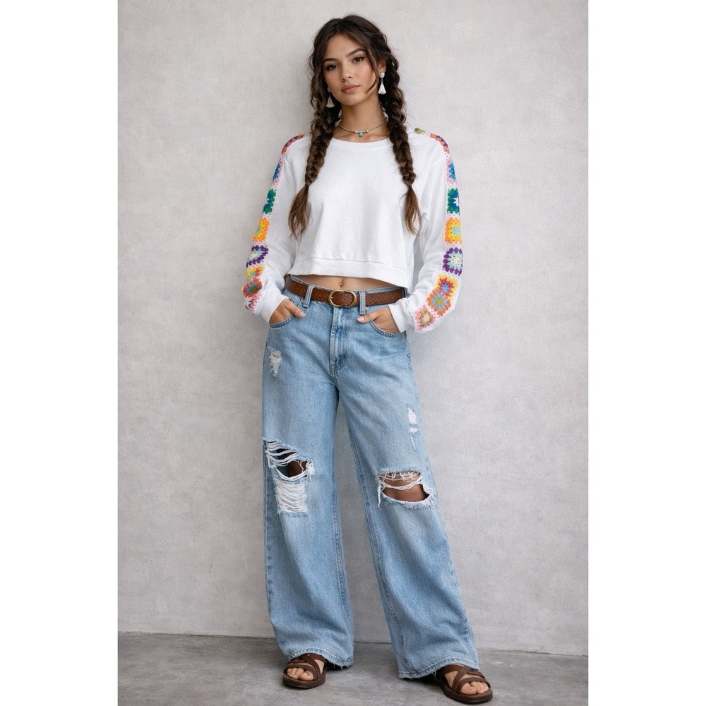 Granny Square Rainbow‎ Cropped Sweatshirt Boho Indie Colorful Cottage Quilt M